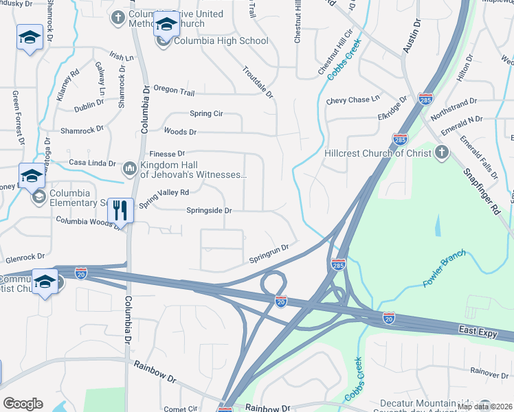 map of restaurants, bars, coffee shops, grocery stores, and more near 2335 Springside Way in Decatur