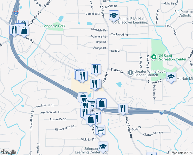 map of restaurants, bars, coffee shops, grocery stores, and more near 2353 Preston Park Place in Decatur