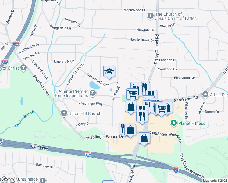 map of restaurants, bars, coffee shops, grocery stores, and more near 2341 Greenway Drive in Decatur