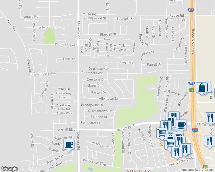 map of restaurants, bars, coffee shops, grocery stores, and more near 27573 Grosse Point Drive in Menifee