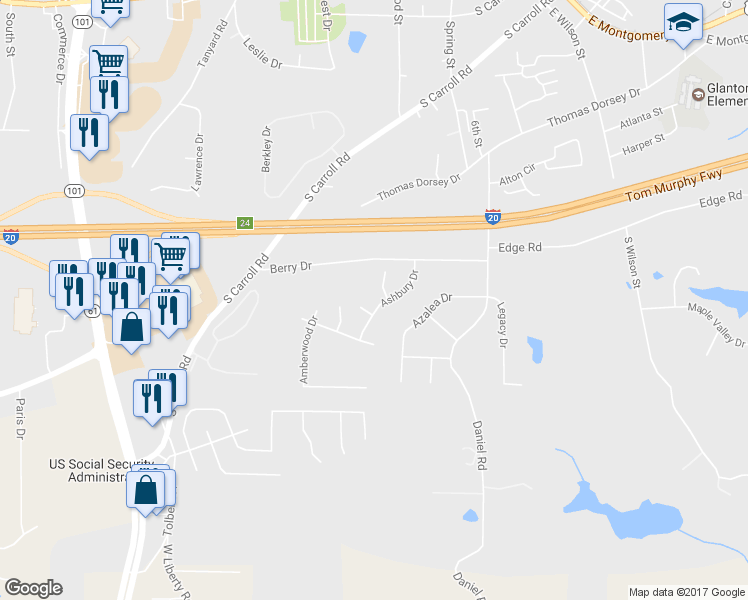 map of restaurants, bars, coffee shops, grocery stores, and more near 121 Ashbury Drive in Villa Rica