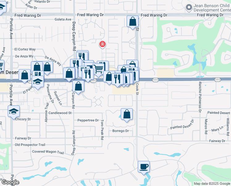map of restaurants, bars, coffee shops, grocery stores, and more near 74895 California 111 in Indian Wells