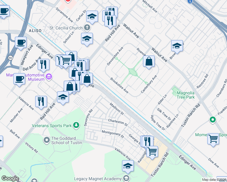 map of restaurants, bars, coffee shops, grocery stores, and more near 1782 Green Meadow Avenue in Tustin