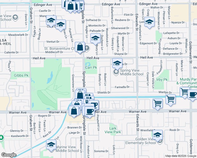 map of restaurants, bars, coffee shops, grocery stores, and more near 16681 Busby Lane in Huntington Beach