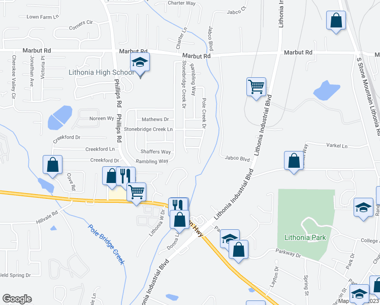 map of restaurants, bars, coffee shops, grocery stores, and more near 3126 Stonebridge Creek Drive in Lithonia