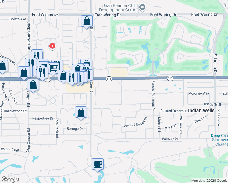 map of restaurants, bars, coffee shops, grocery stores, and more near 75177 Promontory Place in Indian Wells