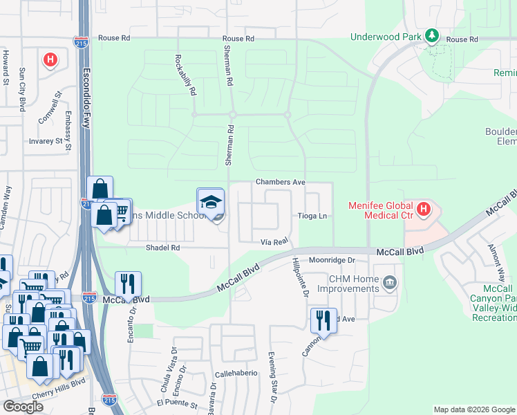 map of restaurants, bars, coffee shops, grocery stores, and more near 27603 Camino Claraboya in Menifee