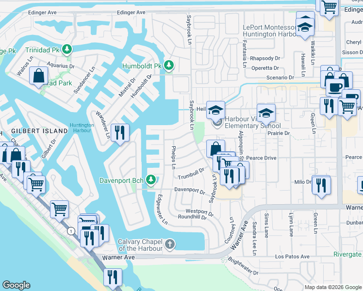 map of restaurants, bars, coffee shops, grocery stores, and more near 4171 Calhoun Drive in Huntington Beach