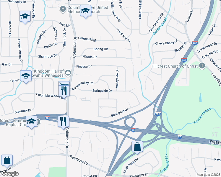 map of restaurants, bars, coffee shops, grocery stores, and more near 2348 Springside Lane in Decatur
