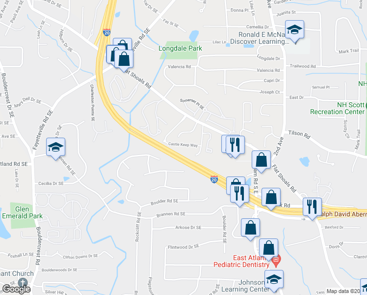 map of restaurants, bars, coffee shops, grocery stores, and more near 2367 Castle Keep Way in Atlanta