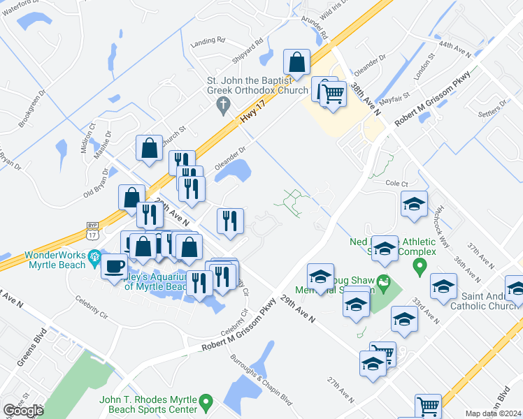 map of restaurants, bars, coffee shops, grocery stores, and more near 2958 Duck Court in Myrtle Beach