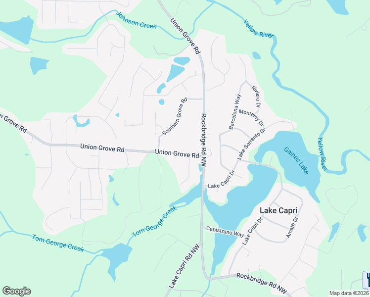 map of restaurants, bars, coffee shops, grocery stores, and more near 2830 Union Grove Road in Conyers