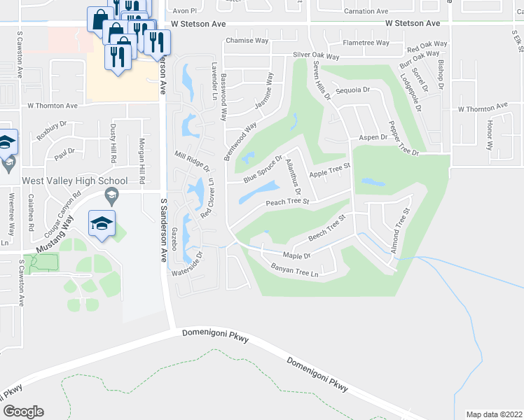 map of restaurants, bars, coffee shops, grocery stores, and more near 2843 Peach Tree Street in Hemet