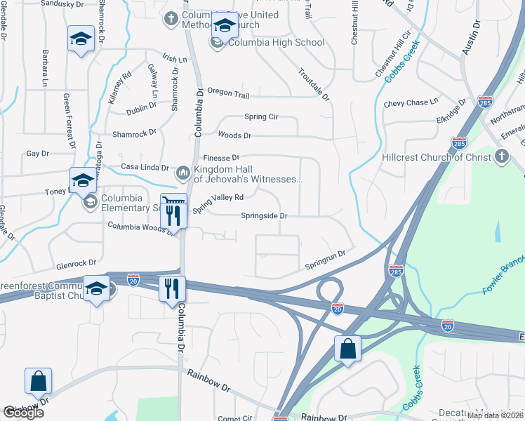map of restaurants, bars, coffee shops, grocery stores, and more near 3478 Springside Drive in Decatur