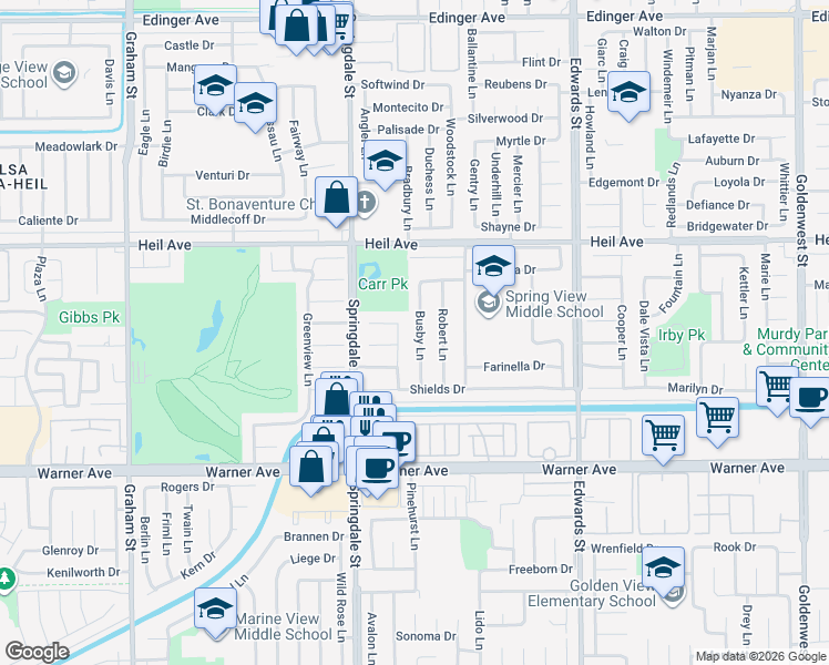 map of restaurants, bars, coffee shops, grocery stores, and more near 16681 Busby Lane in Huntington Beach