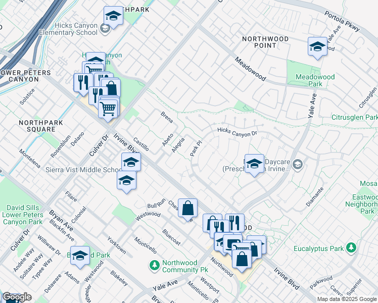 map of restaurants, bars, coffee shops, grocery stores, and more near 16 Hidalgo in Irvine