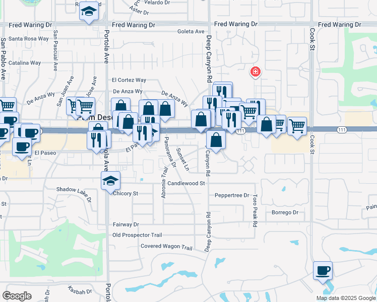 map of restaurants, bars, coffee shops, grocery stores, and more near 74375 El Camino in Palm Desert