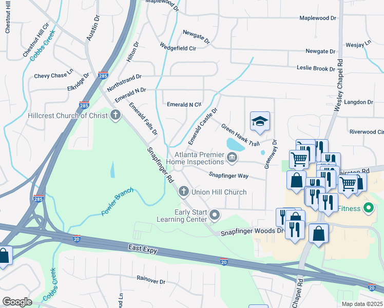 map of restaurants, bars, coffee shops, grocery stores, and more near 3993 Emerald Lake Drive in Decatur