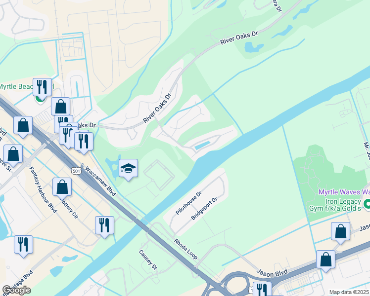 map of restaurants, bars, coffee shops, grocery stores, and more near 31 Water Village Boulevard in Myrtle Beach