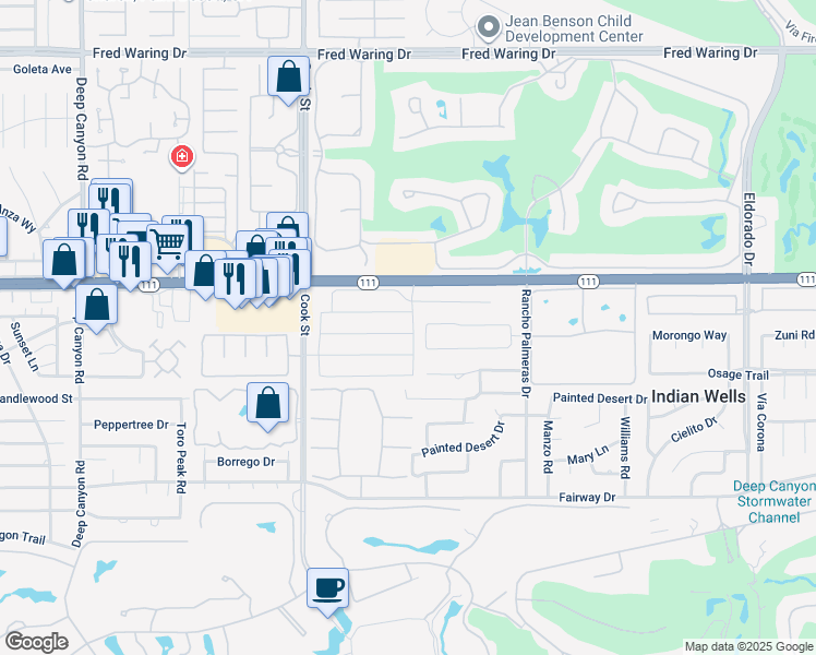 map of restaurants, bars, coffee shops, grocery stores, and more near 75228 Hancock Place in Indian Wells