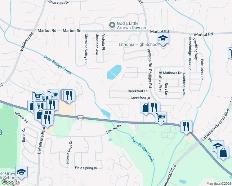 map of restaurants, bars, coffee shops, grocery stores, and more near 6205 Creekford Lane in Lithonia