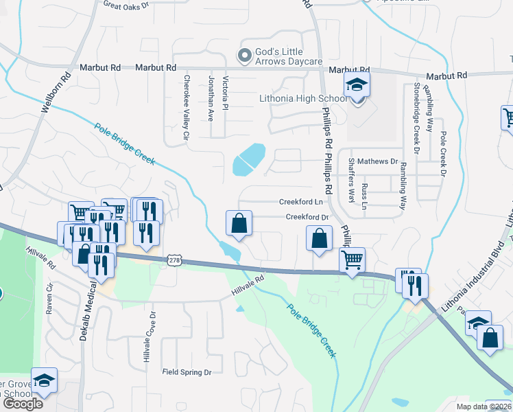 map of restaurants, bars, coffee shops, grocery stores, and more near 6229 Creekford Lane in Lithonia