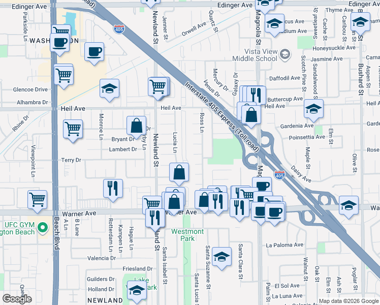 map of restaurants, bars, coffee shops, grocery stores, and more near 8651 Ferguson Circle in Huntington Beach