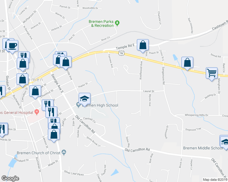 map of restaurants, bars, coffee shops, grocery stores, and more near 709 Laurel Street in Bremen