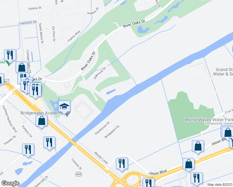 map of restaurants, bars, coffee shops, grocery stores, and more near 618 Waterway Village Boulevard in Myrtle Beach