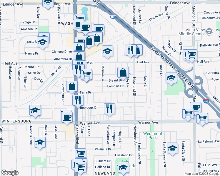 map of restaurants, bars, coffee shops, grocery stores, and more near 8282 Lambert Drive in Huntington Beach