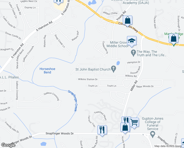 map of restaurants, bars, coffee shops, grocery stores, and more near 4869 Haymarket Trail in Decatur