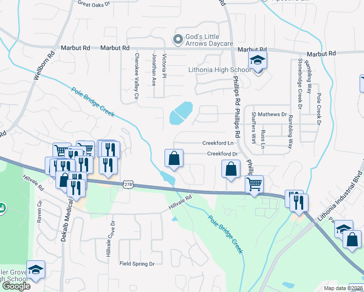 map of restaurants, bars, coffee shops, grocery stores, and more near 6199 Creekford Lane in Lithonia