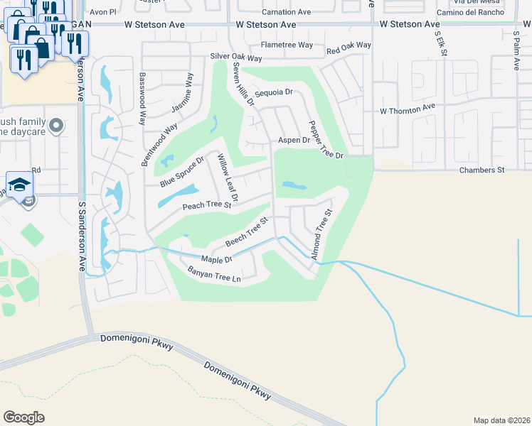 map of restaurants, bars, coffee shops, grocery stores, and more near 2518 Beech Tree Street in Hemet