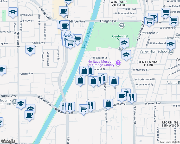 map of restaurants, bars, coffee shops, grocery stores, and more near 3402 West Harvard Street in Santa Ana