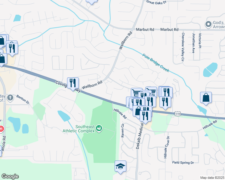 map of restaurants, bars, coffee shops, grocery stores, and more near 3044 Sherbourne Dr in Lithonia
