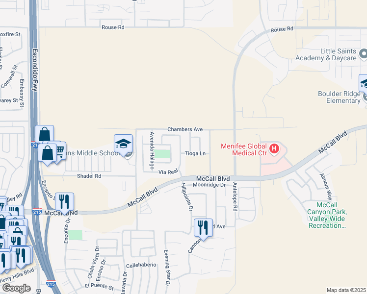 map of restaurants, bars, coffee shops, grocery stores, and more near 27552 Vía Real in Menifee