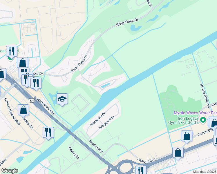map of restaurants, bars, coffee shops, grocery stores, and more near 616 Water Village Boulevard in Myrtle Beach