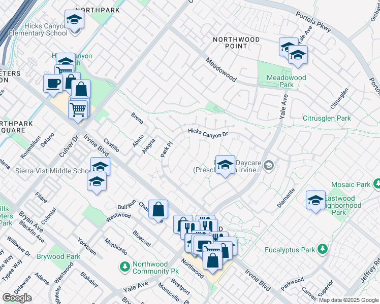 map of restaurants, bars, coffee shops, grocery stores, and more near 23 Kara East in Irvine