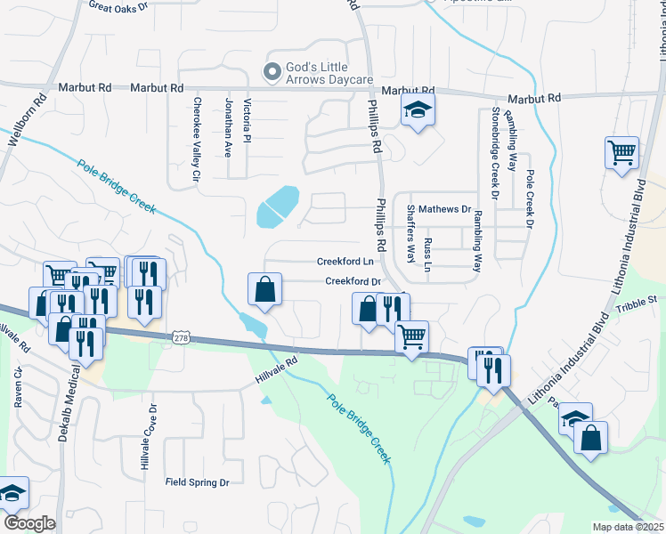 map of restaurants, bars, coffee shops, grocery stores, and more near 6263 Creekford Lane in Lithonia