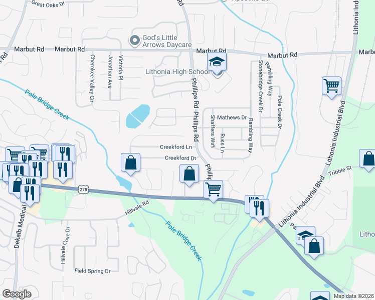 map of restaurants, bars, coffee shops, grocery stores, and more near 6303 Creekford Lane in Lithonia
