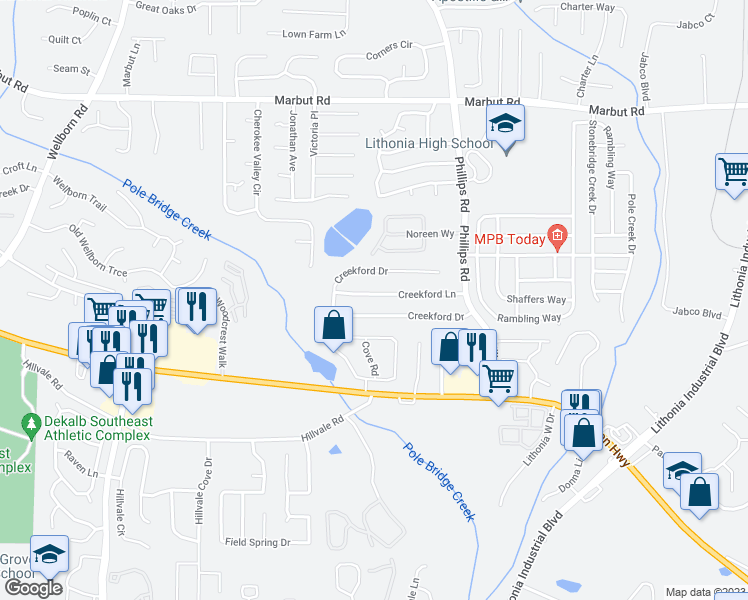 map of restaurants, bars, coffee shops, grocery stores, and more near 6225 Creekford Lane in Lithonia