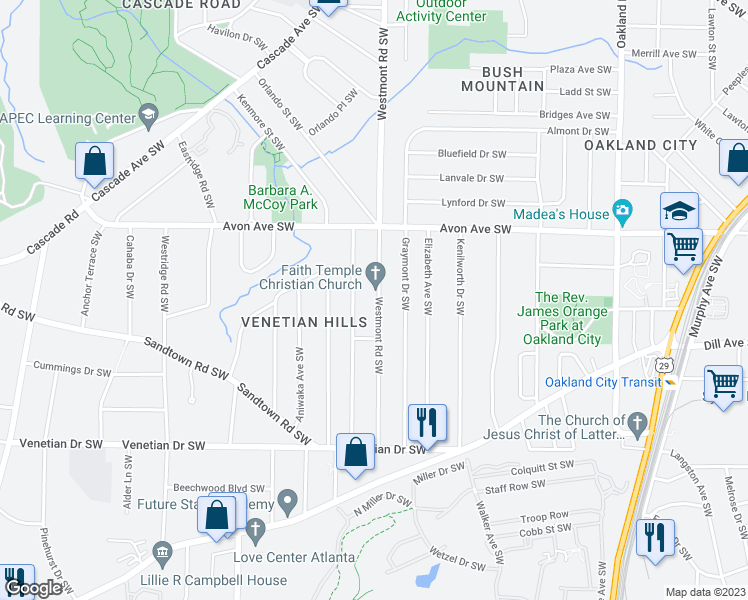 map of restaurants, bars, coffee shops, grocery stores, and more near 1295 Westmont Road Southwest in Atlanta