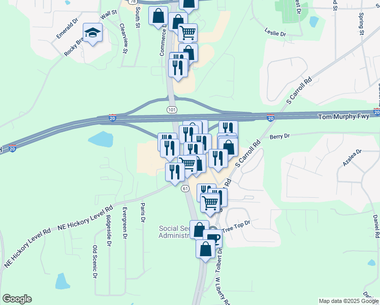 map of restaurants, bars, coffee shops, grocery stores, and more near 592 Carrollton Villa Rica Highway in Villa Rica