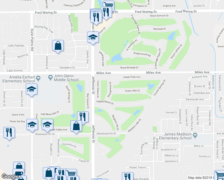 map of restaurants, bars, coffee shops, grocery stores, and more near 45286 Shaugnessy Drive in Indio