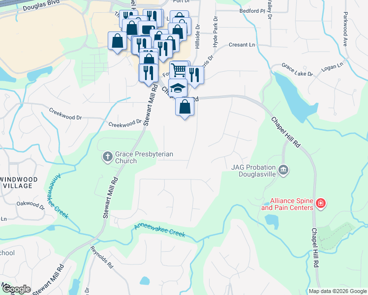 map of restaurants, bars, coffee shops, grocery stores, and more near 3139 South Elizabeth Drive in Douglasville
