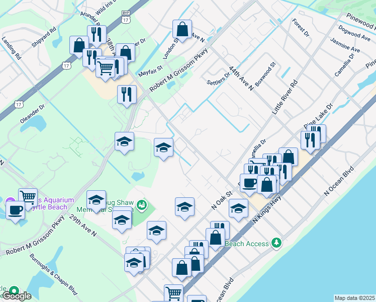 map of restaurants, bars, coffee shops, grocery stores, and more near 3753 Block House Way in Myrtle Beach