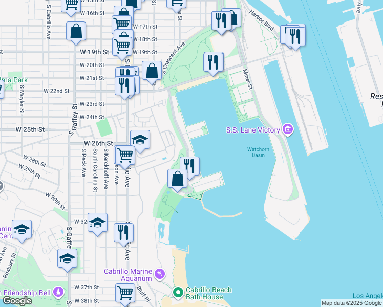 map of restaurants, bars, coffee shops, grocery stores, and more near 2500 Via Cabrillo-Marina in Los Angeles