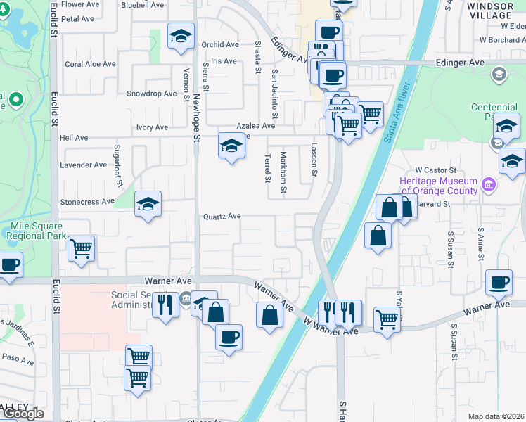 map of restaurants, bars, coffee shops, grocery stores, and more near 11735 Quartz Avenue in Fountain Valley