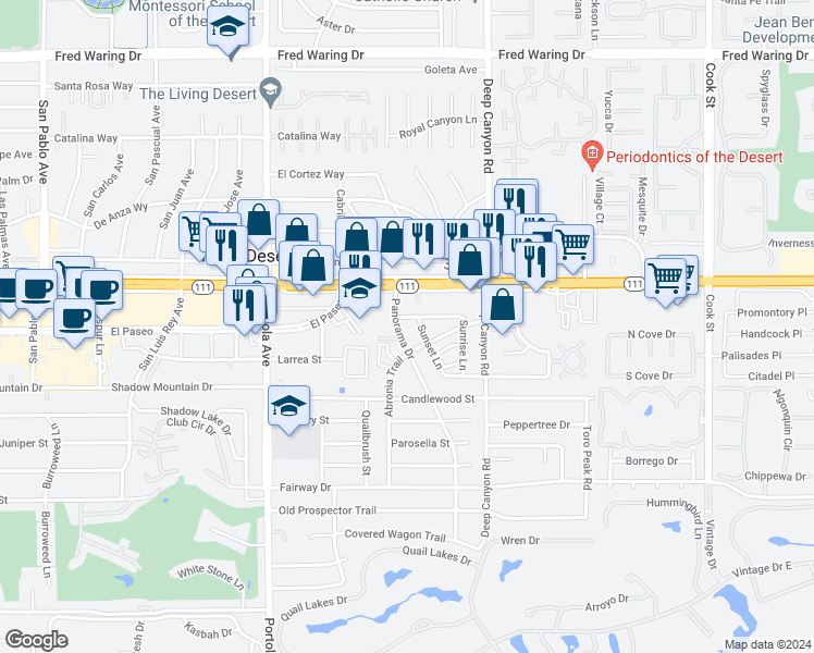 map of restaurants, bars, coffee shops, grocery stores, and more near 45210 Panorama Drive in Palm Desert