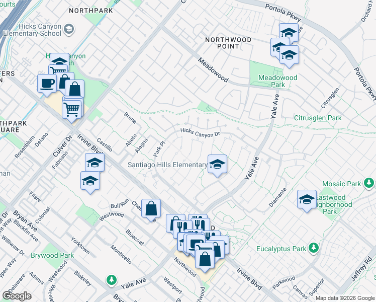 map of restaurants, bars, coffee shops, grocery stores, and more near 23 Kara East in Irvine